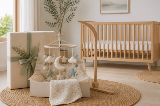 New baby gift with nursery mobile and hanger beside a clear cot