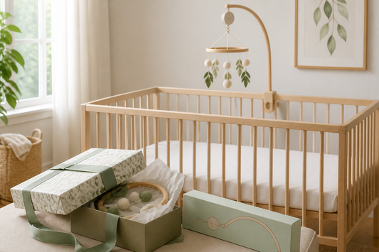 Wrapped newborn gift with a nursery mobile beside a clear cot