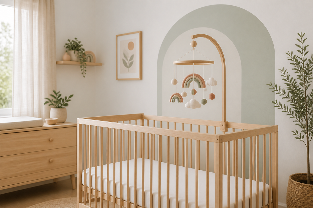 Modern Australian nursery with a softly coloured cot mobile and clear cot space