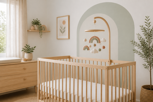 Modern Australian nursery with a softly coloured cot mobile and clear cot space