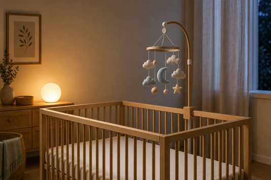 Calm nursery with a soft night light glow and cot mobile safely positioned