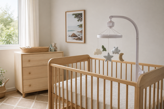 Soft modern Australian nursery with a cot mobile positioned safely near the foot end of a clear cot