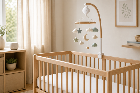 Gentle nursery mobile with soft sound cues in a calm cot-side scene