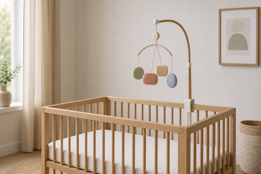 Low-stimulation nursery scene with a simple mobile positioned safely above a clear cot