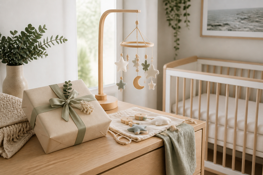 Unique baby gift with a nursery mobile and wrapped present beside a clear cot