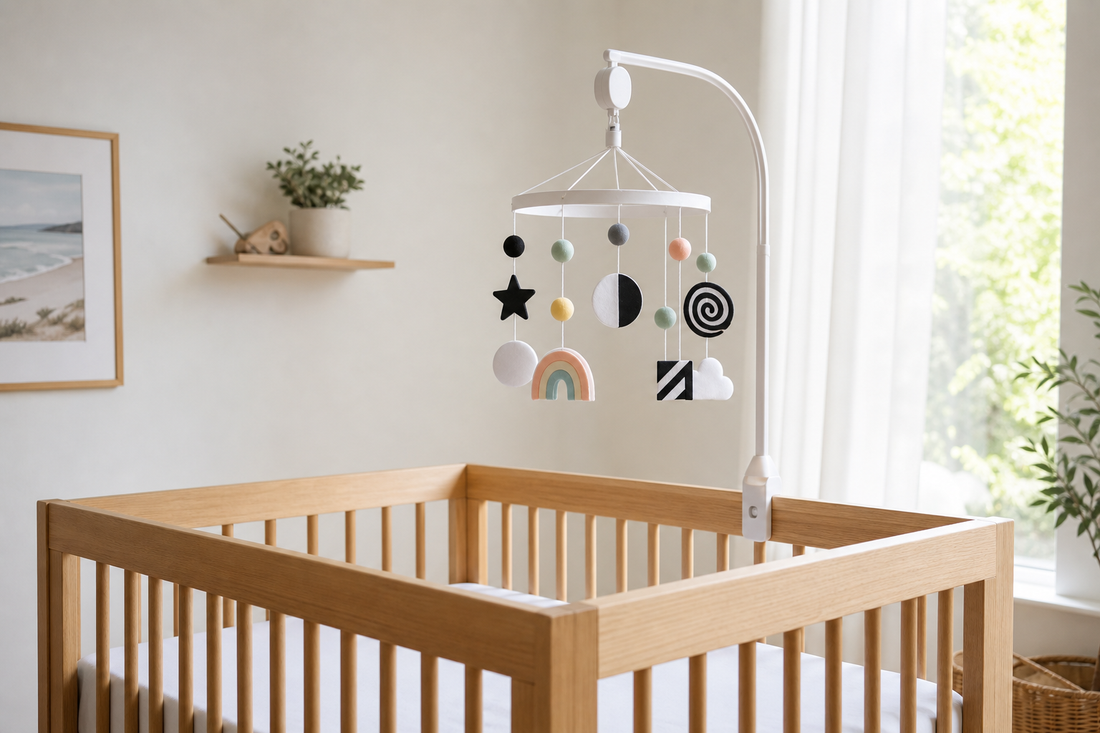 Modern Australian nursery with high-contrast cot mobile above a clear timber cot