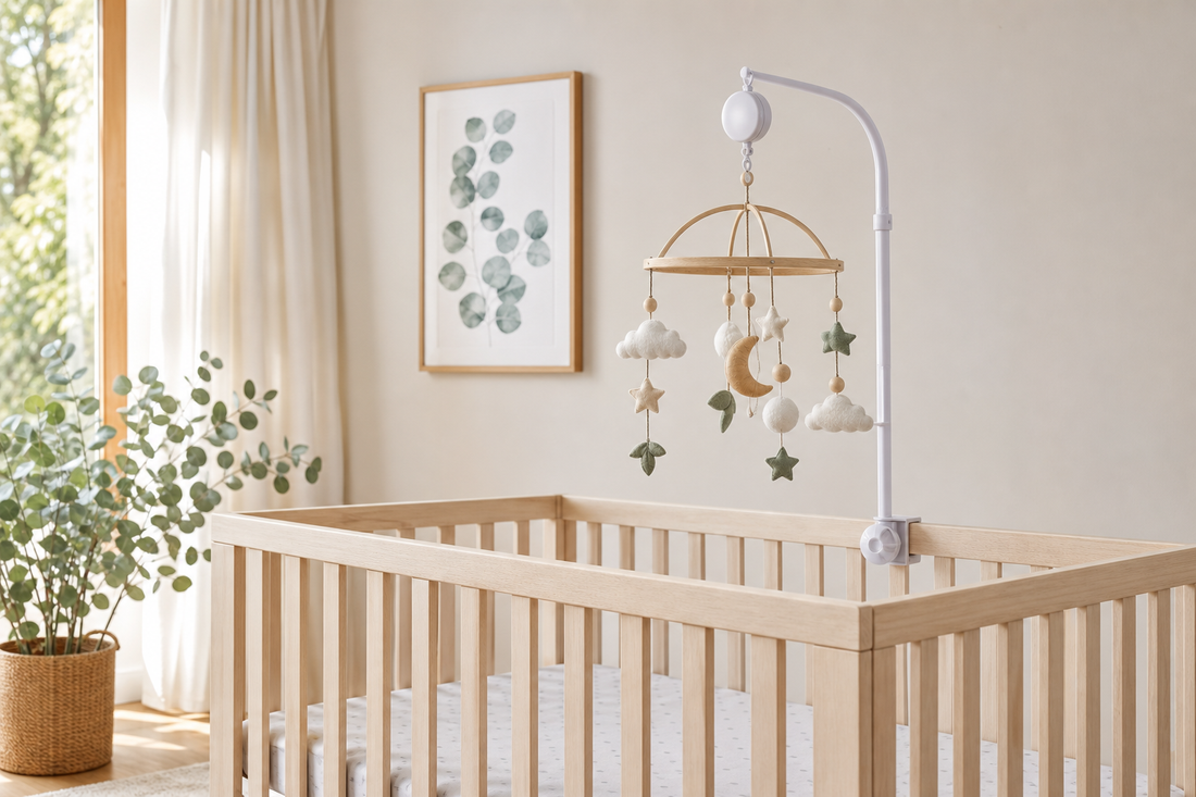 Soft modern Australian nursery showing a secure mixed-material cot mobile above a clear cot
