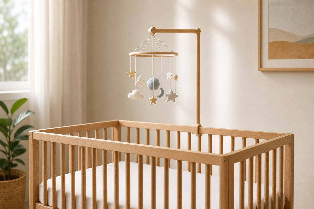 Photorealistic nursery cot mobile mounted well above a clear timber cot