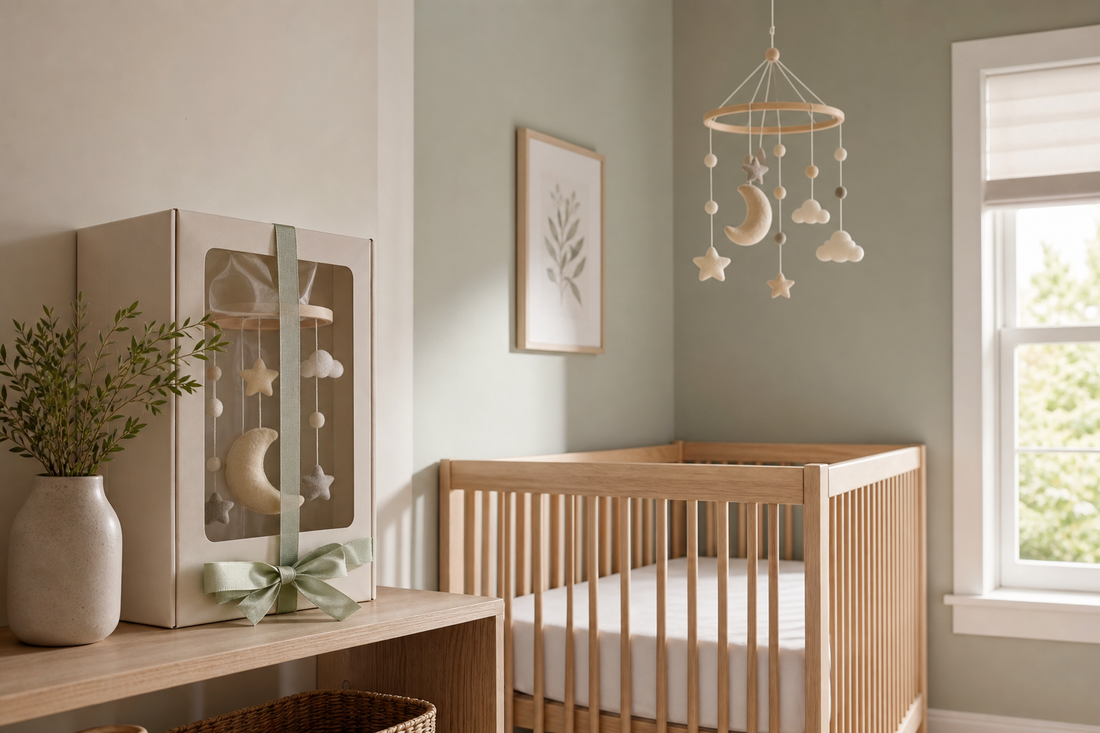 Modern Australian nursery with a wrapped cot mobile gift and clear cot