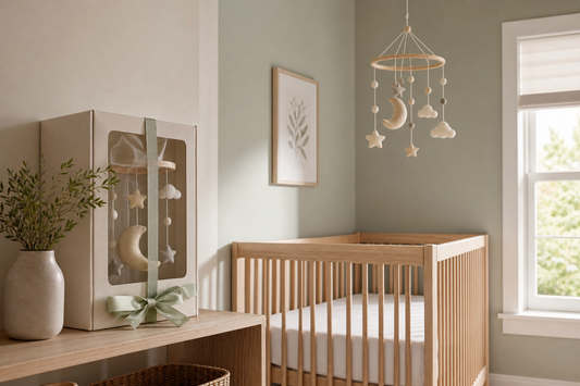 Modern Australian nursery with a wrapped cot mobile gift and clear cot