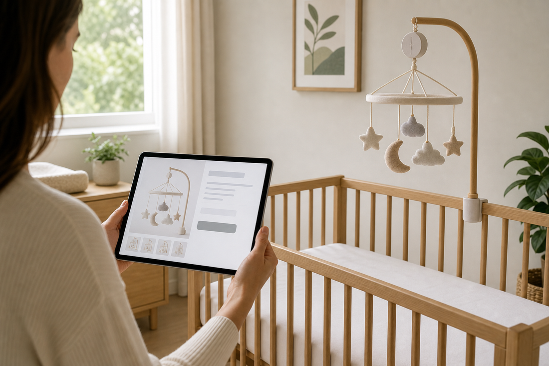 Modern Australian nursery with a secure cot mobile and parent checking an online listing