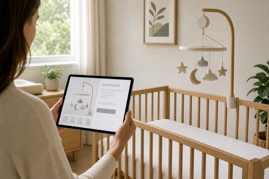 Modern Australian nursery with a secure cot mobile and parent checking an online listing
