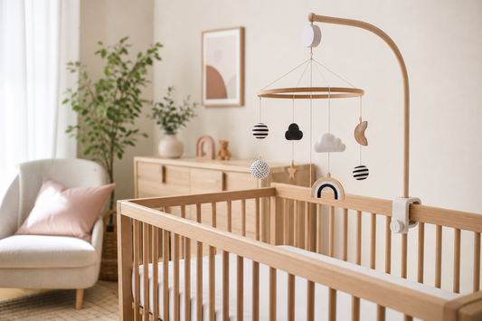 Soft modern Australian nursery with a secure cot mobile above a clear cot for a 3-6 month baby