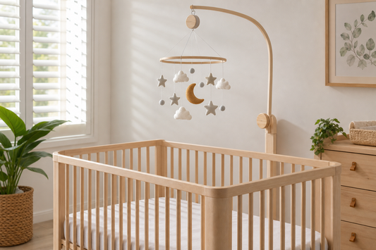 Modern Australian nursery with a cot mobile safely above a clear cot