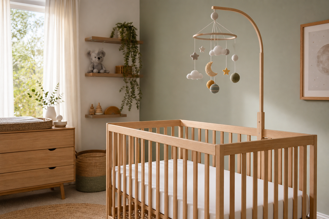 Soft modern Australian nursery with a secure cot mobile mounted above a clear cot