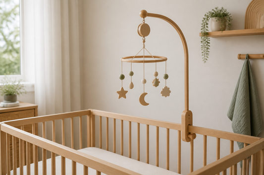 Wooden baby mobile mounted securely above a clear timber cot