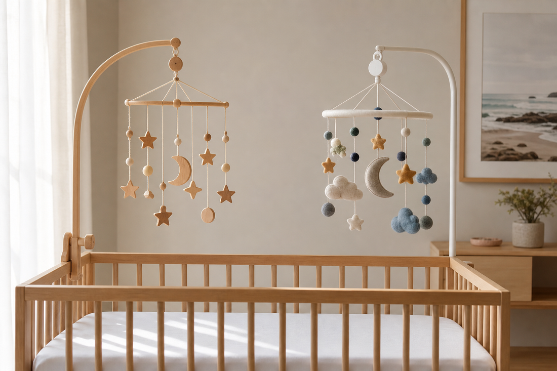Modern Australian nursery comparing a wooden cot mobile and felt cot mobile above a clear cot