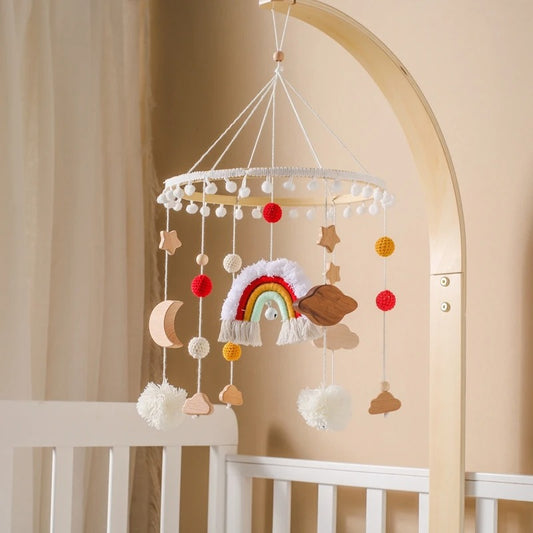 Rainbow Clouds Hanging Bed Bell, Wooden Baby Cot Mobile for 0-12 Months.