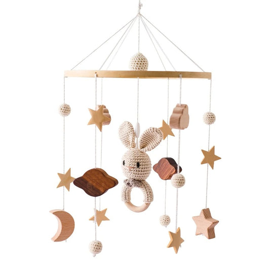 Baby Wooden Crib Mobile with Cartoon Rabbit Bells – Hanging Rattles Toy Holder and Arm Bracket, Perfect Gift for Kids